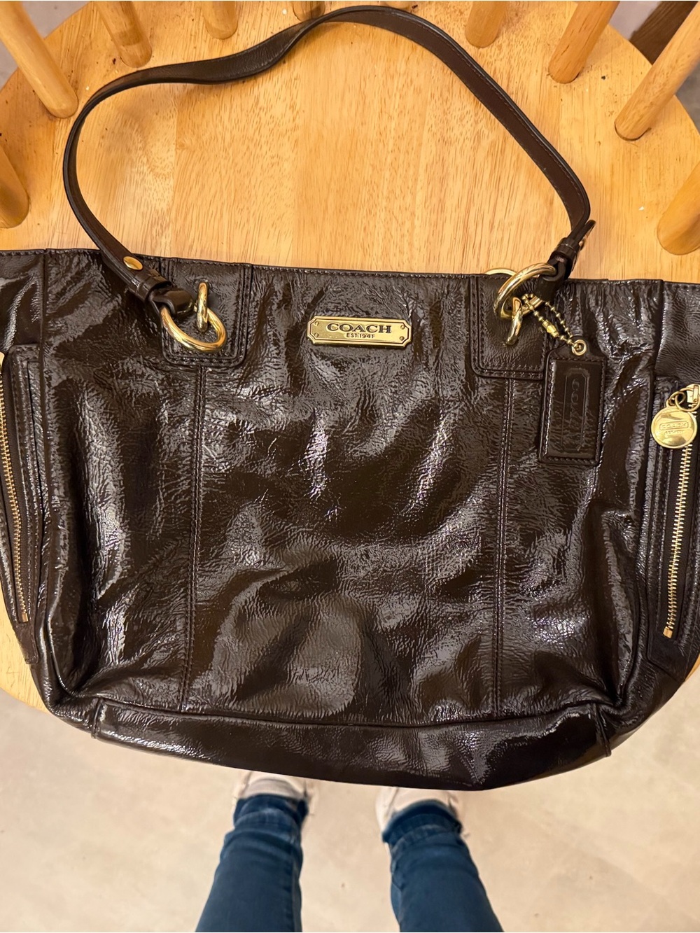 COACH Brown Patent Leather Shoulder Bag with Gold Hardware